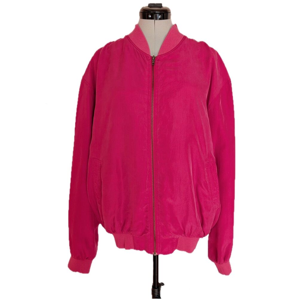 VTG 80s/90s Whitby Raspberry Pink Washed Silk Oversize Bomber Jacket, Sz. F3/XL